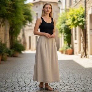 Leslie Fay Maxi Skirt Womens 14 Tan Excellent Vintage Linen Blend Elastic Waist
